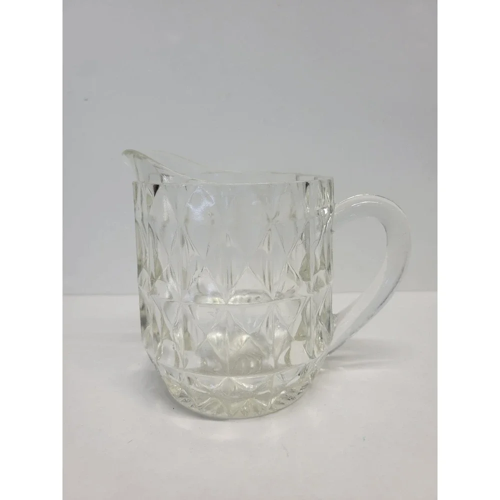 Vintage Clear Pressed Glass Diamond Point Creamer Pitcher‎ Small Milk Jug 4.5in